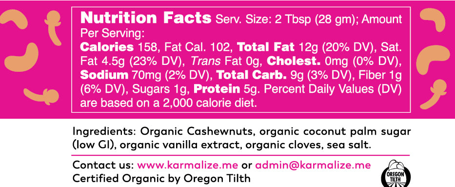 Organic Vegan Cashew butter with cloves - Nutritional panel