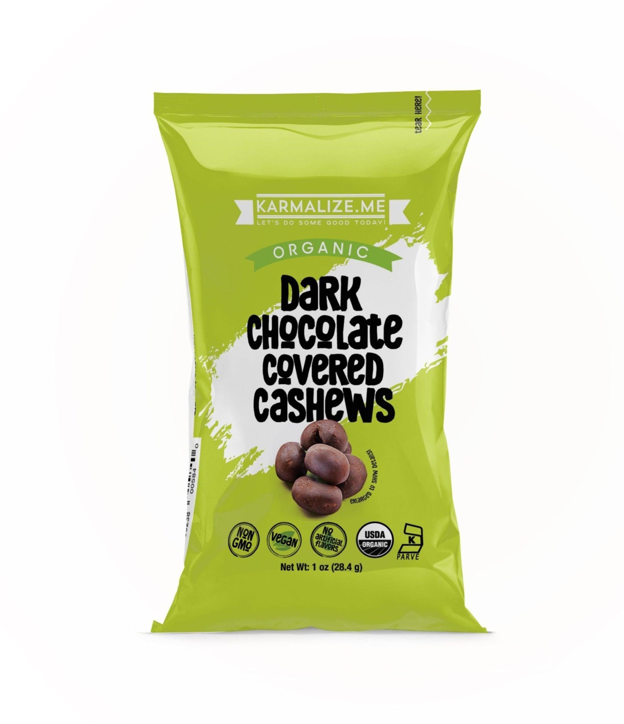 1 oz. Organic Vegan Dark Chocolate Covered Cashews - Pack of 6.