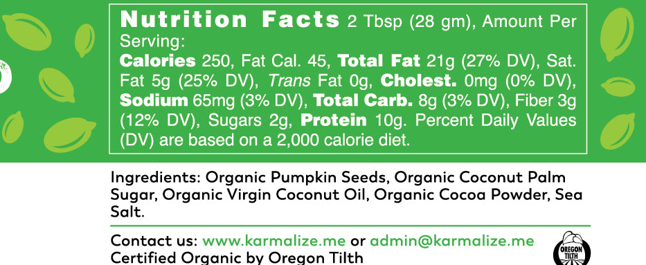 Organic Vegan Cacao Pumpkin Seed Butter - Nutritional panel